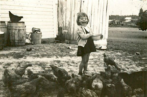 Joan with chickens